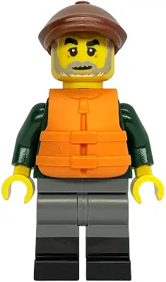IDEA247:  Fisher - Dark Green Open Jacket, Dark Bluish Gray Legs with Black Boots, Reddish Brown Flat Cap, Orange Life Jacket