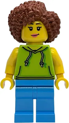 IDEA248:  Scooter Driver - Female, Lime Hoodie, Dark Azure Legs, Reddish Brown Coiled Hair