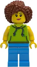 Minifigurka: IDEA248:  Scooter Driver - Female, Lime Hoodie, Dark Azure Legs, Reddish Brown Coiled Hair