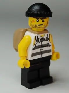 JAIL005:  Police - Jail Prisoner Shirt with Prison Stripes and Torn out Sleeves, Black Legs, Black Knit Cap, Open Backpack
