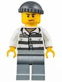 Minifigurka: JAIL006:  Police - Jail Prisoner 86753 Prison Stripes, Dark Bluish Gray Knit Cap, Scowl