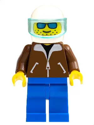 JBR001:  Helicopter Pilot - Brown Jacket, Blue Legs, White Helmet, Trans-Light Blue Visor