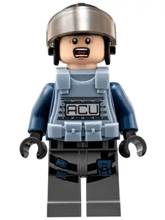 JW004:  ACU Trooper - Male, Black Aviator Cap with Trans-Brown Visor, Light Nougat Head, Sand Blue Body Armor Vest
