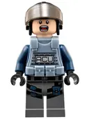 Minifigurka: JW004:  ACU Trooper - Male, Black Aviator Cap with Trans-Brown Visor, Light Nougat Head, Sand Blue Body Armor Vest