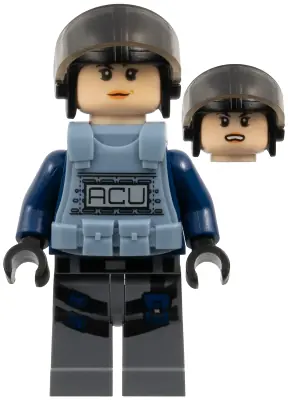 JW007:  ACU Trooper - Female, Black Aviator Cap with Trans-Brown Visor, Light Nougat Head, Sand Blue Body Armor Vest