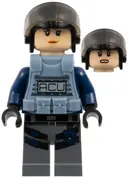 Minifigurka: JW007:  ACU Trooper - Female, Black Aviator Cap with Trans-Brown Visor, Light Nougat Head, Sand Blue Body Armor Vest