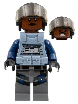 JW013:  ACU Trooper - Male, Black Aviator Cap with Trans-Brown Visor, Reddish Brown Head, Sand Blue Body Armor Vest