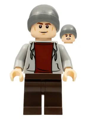 JW101:  Dinosaur Market Stall Owner - Male, Light Bluish Gray Hoodie, Dark Brown Legs, Dark Bluish Gray Beanie