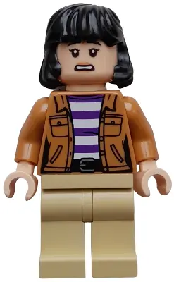 JW126:  Yasmina 'Yaz' Fadoula - Medium Nougat Jacket over Dark Purple and White Striped Shirt, Tan Legs