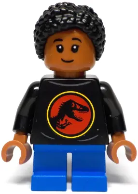 JW127:  Junior Paleontologist - Girl, Black Shirt with Jurassic Park Logo, Blue Short Legs, Black Hair Braided with Knot Bun