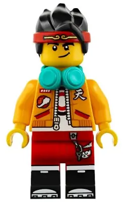 MK001:  Monkie Kid - Bright Light Orange Open Jacket, Dark Turquoise Headphones, Smirk / Angry