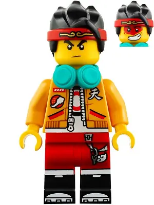 MK019:  Monkie Kid - Bright Light Orange Open Jacket, Dark Turquoise Headphones, Neutral / Angry with Red Face Paint