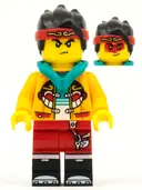 Minifigurka: MK028:  Monkie Kid - Bright Light Orange Open Jacket with Monkey Head Logo, Dark Turquoise Hood, Angry / Smile with Red Face Paint