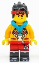 Minifigurka: MK038:  Monkie Kid - Bright Light Orange Open Jacket with Monkey Head Logo, Dark Turquoise Hood, Smirk / Angry