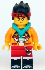 MK041:  Monkie Kid - Bright Light Orange Open Jacket with Monkey Head Logo, Dark Turquoise Hood, Gold Eyes