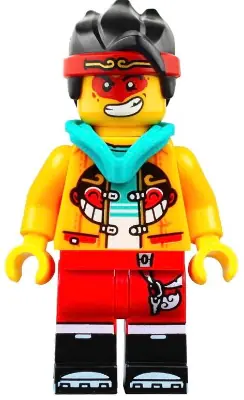 MK047:  Monkie Kid - Bright Light Orange Open Jacket with Monkey Head Logo, Dark Turquoise Hood, Neutral / Angry with Red Face Paint