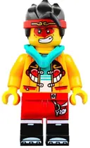 Minifigurka: MK047:  Monkie Kid - Bright Light Orange Open Jacket with Monkey Head Logo, Dark Turquoise Hood, Neutral / Angry with Red Face Paint