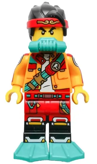 MK065:  Monkie Kid - Bright Light Orange Open Jacket with Shoulder Strap, Dark Turquoise Scuba Breathing Regulator and Flippers, Frown