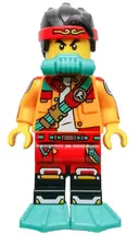 Minifigurka: MK065:  Monkie Kid - Bright Light Orange Open Jacket with Shoulder Strap, Dark Turquoise Scuba Breathing Regulator and Flippers, Frown