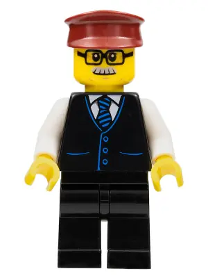 MK070:  Train Driver - Male, Black Vest with Blue Striped Tie, Black Legs, Dark Red Hat, Glasses and Moustache