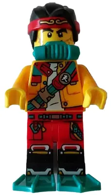 MK097:  Monkie Kid - Bright Light Orange Open Jacket with Shoulder Strap, Dark Turquoise Scuba Breathing Regulator and Flippers, Open Mouth