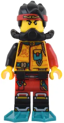 MK121:  Monkie Kid - Bright Light Orange Diving Suit, Black Scuba Gear, Dark Turquoise Flippers