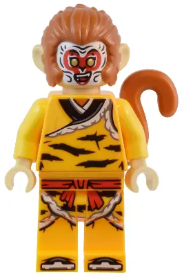 MK138:  Monkey King - Bright Light Orange Robe, Black Animal Stripes, Red Sash, White Mask
