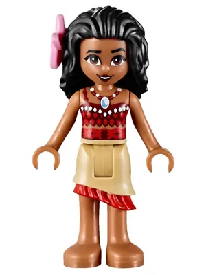 MOA002:  Moana (Medium Nougat) - Mini Doll, Dark Red and Red Top with Strap, Tan Layered Skirt with Red Ruffle, Black Hair, Bright Pink Flower