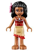 Minifigurka: MOA002:  Moana (Medium Nougat) - Mini Doll, Dark Red and Red Top with Strap, Tan Layered Skirt with Red Ruffle, Black Hair, Bright Pink Flower
