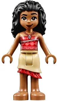 MOA004:  Moana (Medium Nougat) - Mini Doll, Coral and Red Strapless Top, Tan Layered Skirt with Red Ruffle, Black Hair