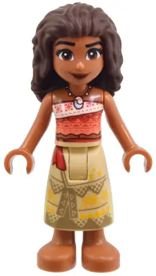MOA005:  Moana (Sienna) - Mini Doll, Coral and White Strapless Top, Tan Long Skirt with Dark Tan Hems, Dark Brown Hair Long Wavy, Flexible Rubber