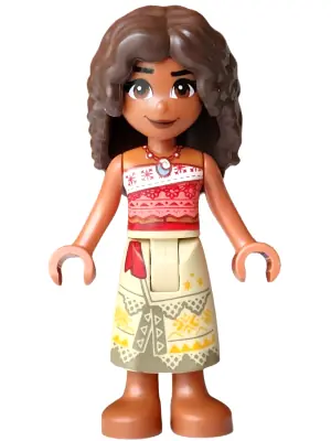 MOA011:  Moana (Sienna) - Mini Doll, Coral and White Strapless Top, Tan Long Skirt with Dark Tan Hems, Dark Brown Hair Long Full Curly
