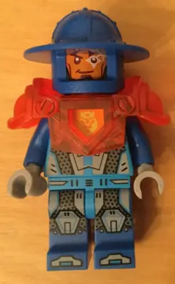 NEX109:  Royal Soldier / King's Guard - Blue Helmet with Broad Brim, Trans-Neon Orange Armor, Round Tile with Stud on Back