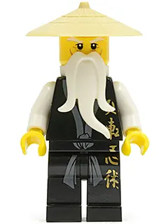 NJO0026:  Wu Sensei - Black Kimono with Gold Symbols, Dark Bluish Gray Sash, Tan Asian Hat, White Beard