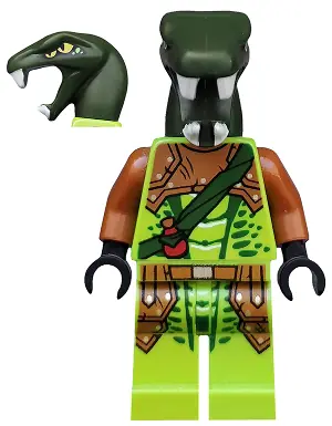 NJO0217:  Zoltar - Serpentine Snake Warrior, Lime with Scales, Dark Orange Armor Coverings, Dark Green Strap with Red Vial