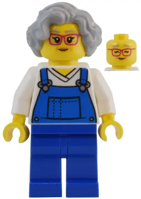 NJO0835:  Street Vendor - Female, Blue Overalls over V-Neck Shirt, Blue Legs, Light Bluish Gray Hair, Glasses