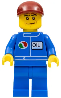 OCT069:  Octan - Blue Oil, Blue Legs, Dark Red Short Bill Cap, Crooked Smile