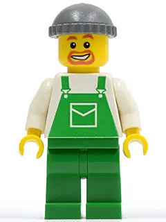 OVR027:  Overalls Green with Pocket, Green Legs, Dark Bluish Gray Knit Cap, Beard