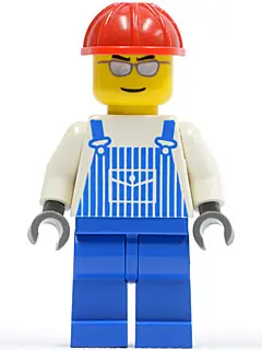 OVR030:  Overalls Striped Blue with Pocket, Blue Legs, Red Construction Helmet, Silver Glasses and Eyebrows