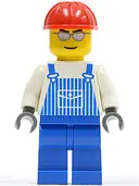 Minifigurka: OVR030:  Overalls Striped Blue with Pocket, Blue Legs, Red Construction Helmet, Silver Glasses and Eyebrows