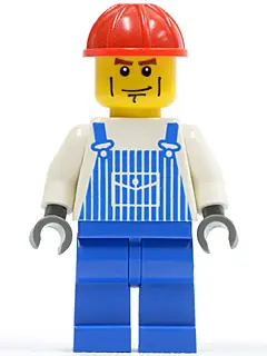 OVR031:  Overalls Striped Blue with Pocket, Blue Legs, Red Construction Helmet, Cheek Lines, Dark Bluish Gray Hands