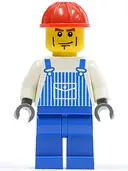 Minifigurka: OVR031:  Overalls Striped Blue with Pocket, Blue Legs, Red Construction Helmet, Cheek Lines, Dark Bluish Gray Hands