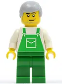 Minifigurka: OVR032:  Overalls Green with Pocket, Green Legs, Light Bluish Gray Male Hair