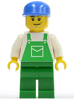 OVR037:  Overalls Green with Pocket, Green Legs, Blue Cap with Long Flat Bill, Smirk and Stubble Beard