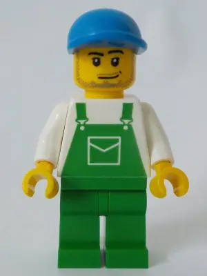 OVR037A:  Overalls Green with Pocket, Green Legs, Blue Cap with Short Curved Bill, Smirk and Stubble Beard