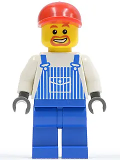 OVR038:  Overalls Striped Blue with Pocket, Blue Legs, Red Short Bill Cap, Beard Around Mouth