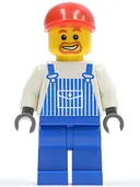 Minifigurka: OVR038:  Overalls Striped Blue with Pocket, Blue Legs, Red Short Bill Cap, Beard Around Mouth