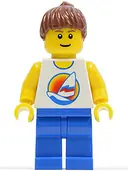 Minifigurka: PAR062:  Surfboard on Ocean - Blue Legs, Reddish Brown Ponytail Hair
