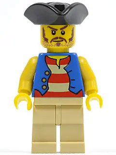 PI082:  Pirate Blue Vest, Tan Legs, Black Pirate Triangle Hat, Long Brown Moustache