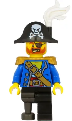 PI185:  Pirate Captain - Male, Bicorne Hat with Skull and Crossbones and White Plume, Pearl Gold Epaulettes, Blue Open Coat, Black Leg and Pearl Dark Gray Peg Leg